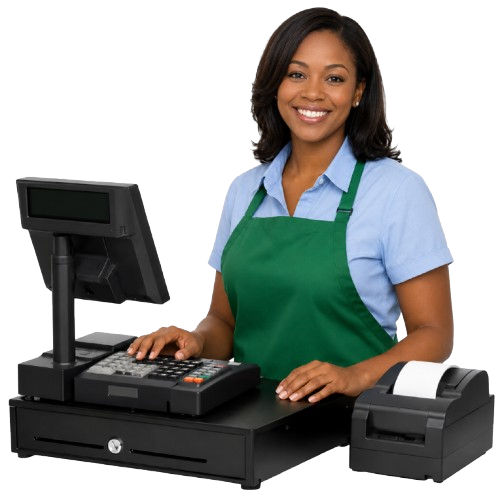 Professional cashier working at a point-of-sale counter