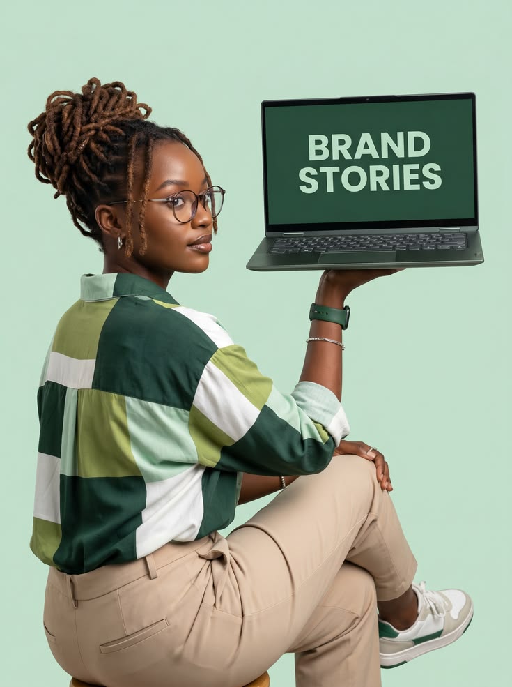 Entrepreneur holding a laptop displaying the words Brand Stories